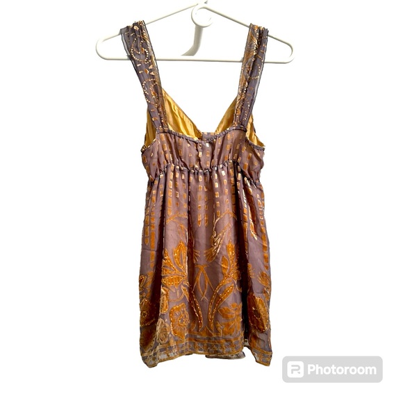 Hale Bob glam 90s taupe silk babydoll top gold beading embossed velvet, medium - Picture 3 of 7